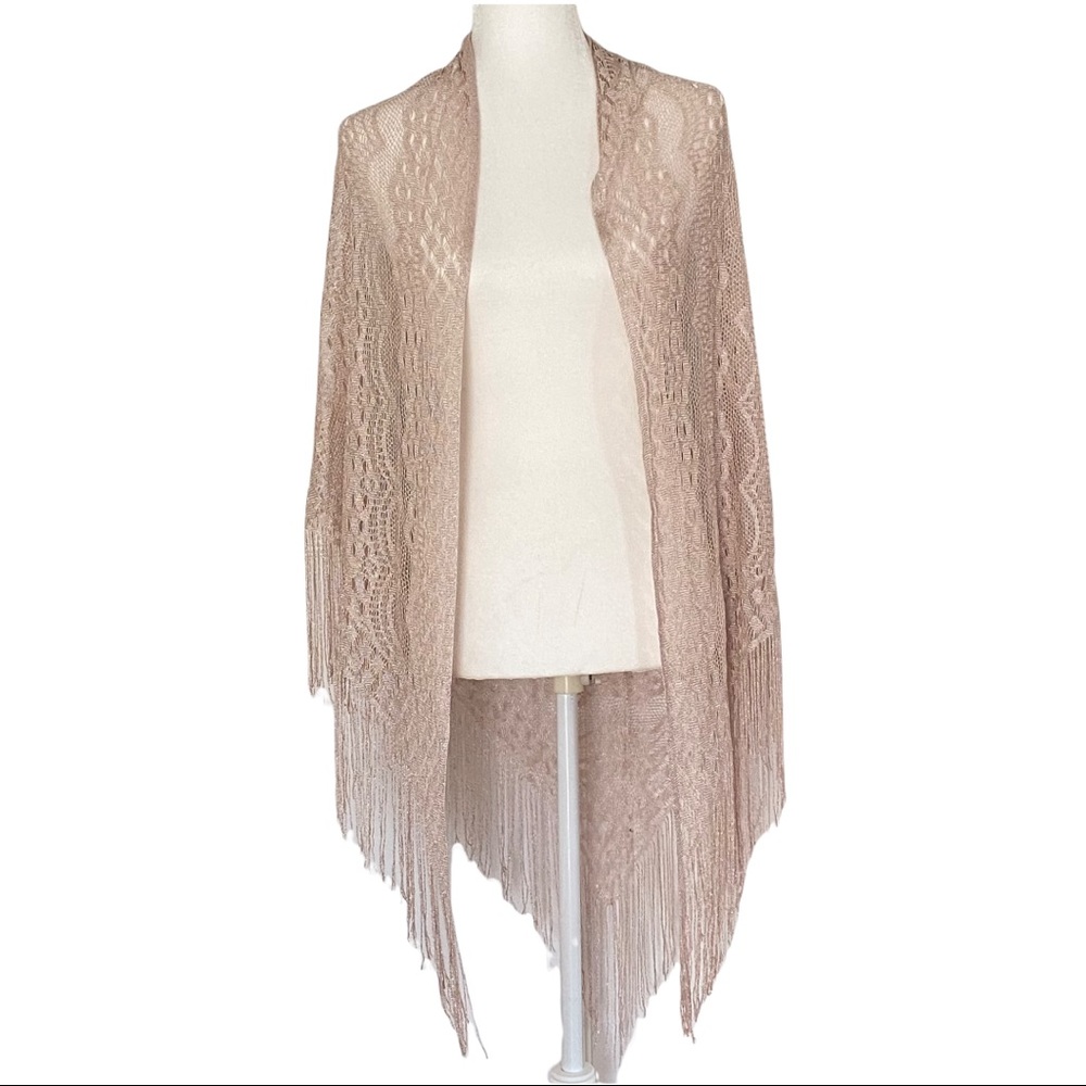 INC International Concepts Knit Floral Metallic Fringe Evening Wrap Champagne